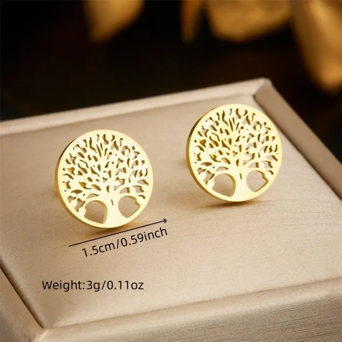 Tree of Life Hollow Pendant Jewelry Set – Round Stainless Steel Necklace & Stud Earrings for Women | Symbolic Minimalist Design | Wholesale