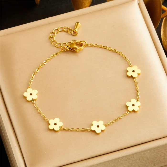 Korean Style Gold Flower Jewelry Set – Polished Stainless Steel Necklace, Stud Earrings & Bracelet | Minimalist Everyday Design | Wholesale