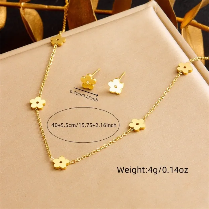 Korean Style Gold Flower Jewelry Set – Polished Stainless Steel Necklace, Stud Earrings & Bracelet | Minimalist Everyday Design | Wholesale