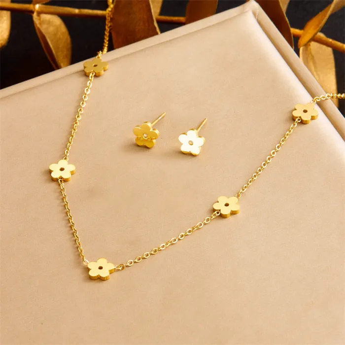 Korean Style Gold Flower Jewelry Set – Polished Stainless Steel Necklace, Stud Earrings & Bracelet | Minimalist Everyday Design | Wholesale
