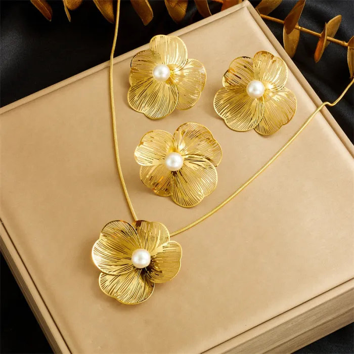 Pearl Flower Jewelry Set – Hollow Petal Chain Necklace, Earrings & Ring in Stainless Steel for Elegant Women | Statement Set | Wholesale