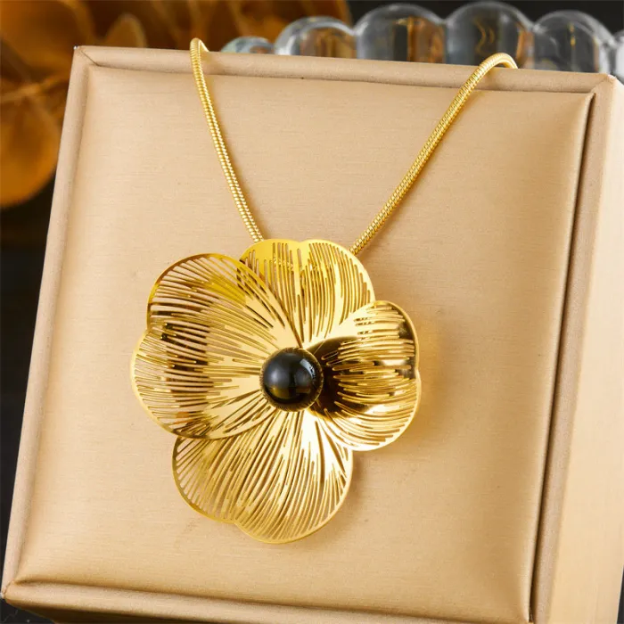 Pearl Flower Jewelry Set – Hollow Petal Chain Necklace, Earrings & Ring in Stainless Steel for Elegant Women | Statement Set | Wholesale