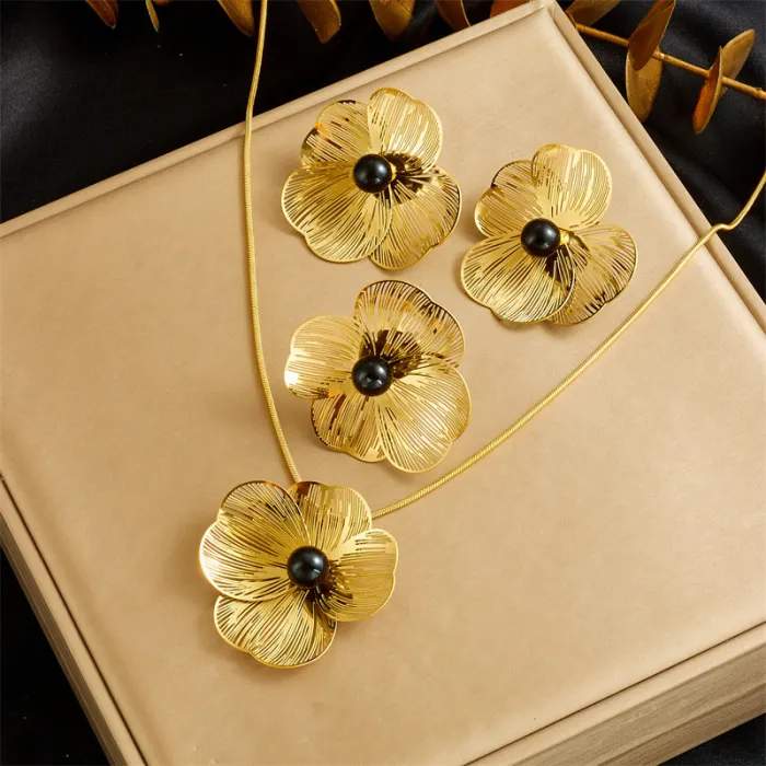 Pearl Flower Jewelry Set – Hollow Petal Chain Necklace, Earrings & Ring in Stainless Steel for Elegant Women | Statement Set | Wholesale