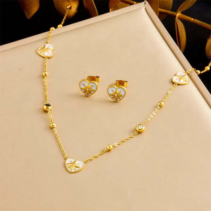 Platinum Star Heart Jewelry Set – Vintage Color-Block Stainless Steel Necklace, Bracelet & Earrings with Zircon Details | Unique Design | Wholesale