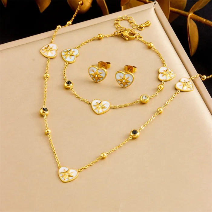 Platinum Star Heart Jewelry Set – Vintage Color-Block Stainless Steel Necklace, Bracelet & Earrings with Zircon Details | Unique Design | Wholesale
