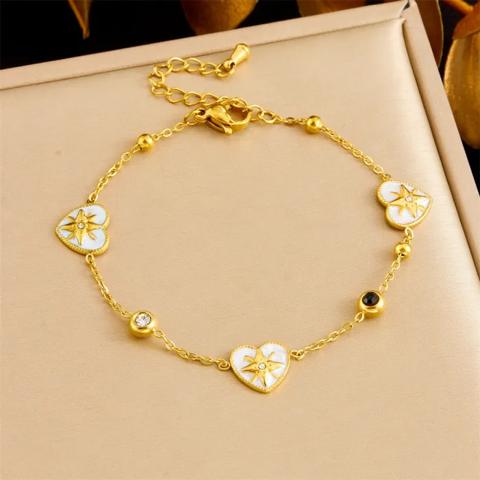 Platinum Star Heart Jewelry Set – Vintage Color-Block Stainless Steel Necklace, Bracelet & Earrings with Zircon Details | Unique Design | Wholesale