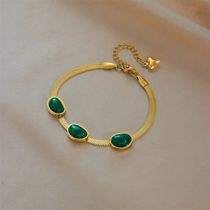 Emerald Green Snake Chain Jewelry Set – Vintage Stainless Steel Bracelet & Choker Necklace with One-Sided Gem Design | Minimalist Style | Wholesale