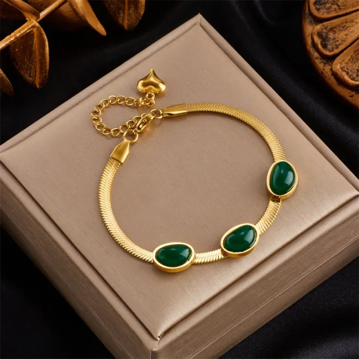 Emerald Green Snake Chain Jewelry Set – Vintage Stainless Steel Bracelet & Choker Necklace with One-Sided Gem Design | Minimalist Style | Wholesale