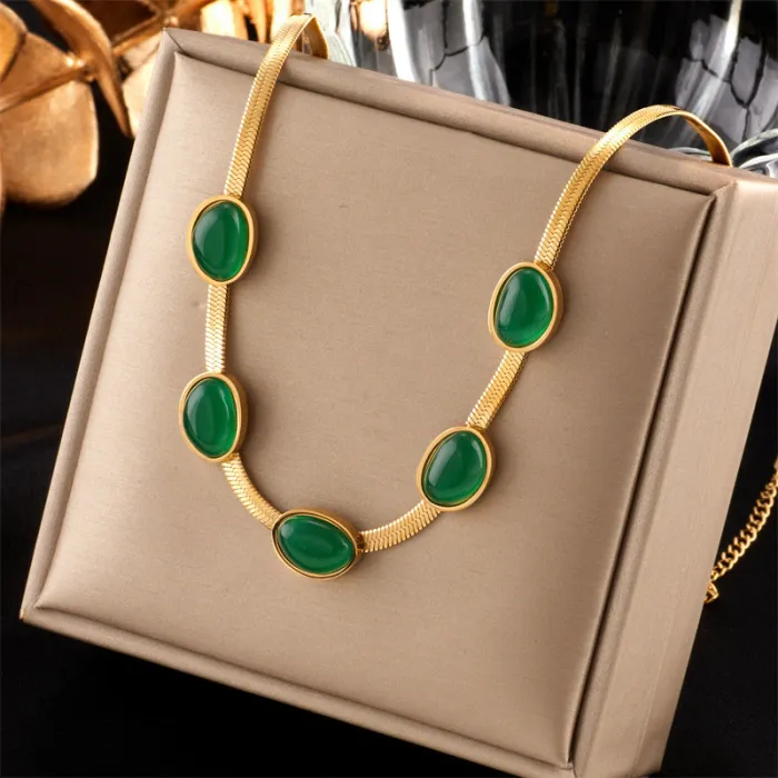 Emerald Green Snake Chain Jewelry Set – Vintage Stainless Steel Bracelet & Choker Necklace with One-Sided Gem Design | Minimalist Style | Wholesale