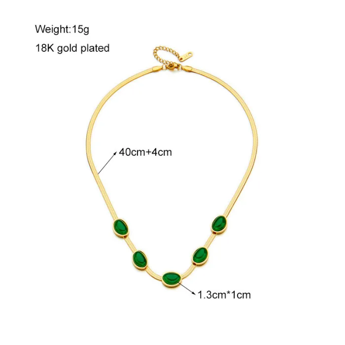 Emerald Green Snake Chain Jewelry Set – Vintage Stainless Steel Bracelet & Choker Necklace with One-Sided Gem Design | Minimalist Style | Wholesale