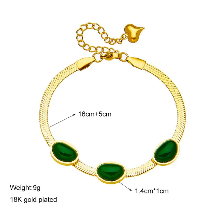 Emerald Green Snake Chain Jewelry Set – Vintage Stainless Steel Bracelet & Choker Necklace with One-Sided Gem Design | Minimalist Style | Wholesale
