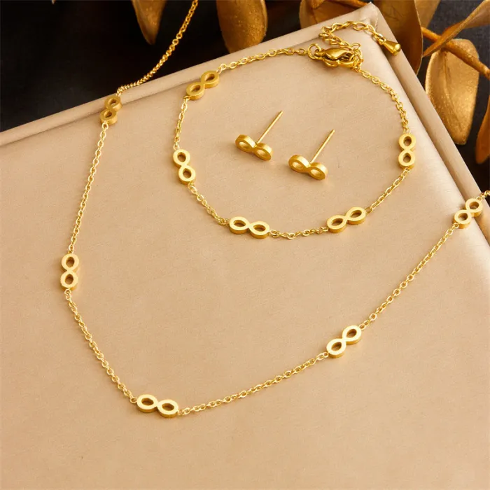 Gold Infinity Jewelry Set – Korean Style Polished Stainless Steel Necklace, Stud Earrings & Bracelet with Chain Link Design | Minimalist | Wholesale