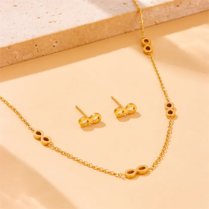 Gold Infinity Jewelry Set – Korean Style Polished Stainless Steel Necklace, Stud Earrings & Bracelet with Chain Link Design | Minimalist | Wholesale