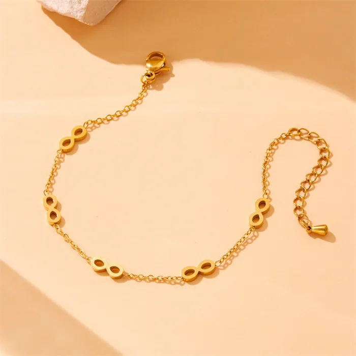 Gold Infinity Jewelry Set – Korean Style Polished Stainless Steel Necklace, Stud Earrings & Bracelet with Chain Link Design | Minimalist | Wholesale