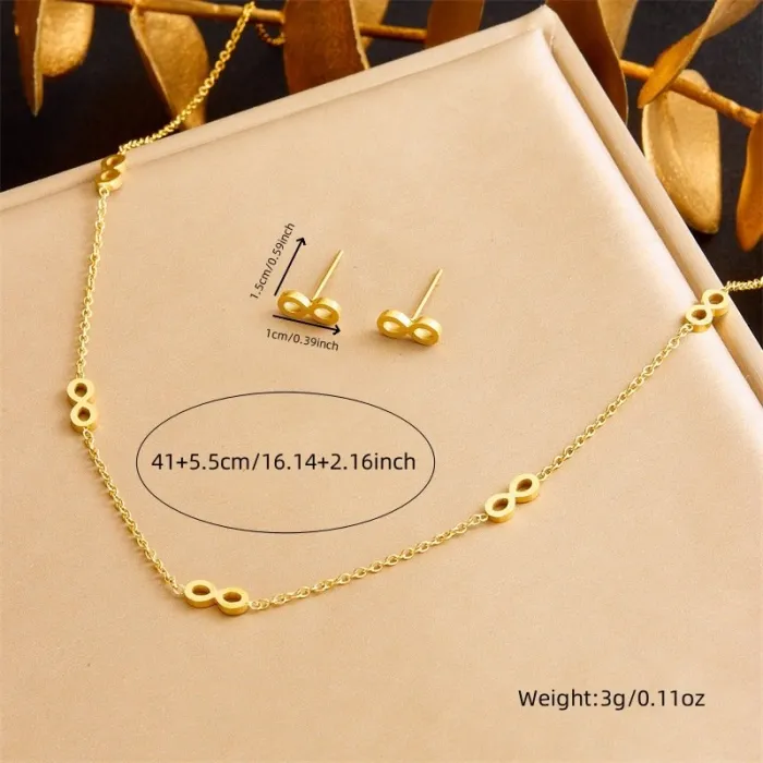 Gold Infinity Jewelry Set – Korean Style Polished Stainless Steel Necklace, Stud Earrings & Bracelet with Chain Link Design | Minimalist | Wholesale