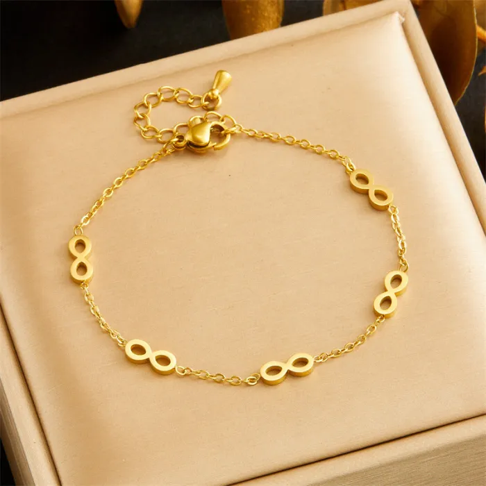 Gold Infinity Jewelry Set – Korean Style Polished Stainless Steel Necklace, Stud Earrings & Bracelet with Chain Link Design | Minimalist | Wholesale