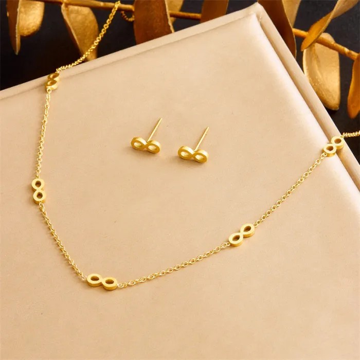 Gold Infinity Jewelry Set – Korean Style Polished Stainless Steel Necklace, Stud Earrings & Bracelet with Chain Link Design | Minimalist | Wholesale