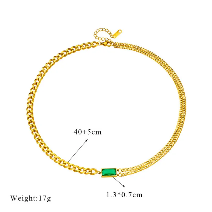 Green Rectangle Gem Jewelry Set – Gold-Plated Titanium Steel Necklace, Bracelet & Earrings with Zircon Chain Design | Minimalist Luxury | Wholesale
