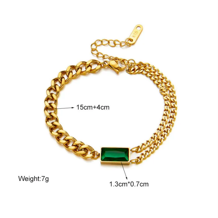 Green Rectangle Gem Jewelry Set – Gold-Plated Titanium Steel Necklace, Bracelet & Earrings with Zircon Chain Design | Minimalist Luxury | Wholesale