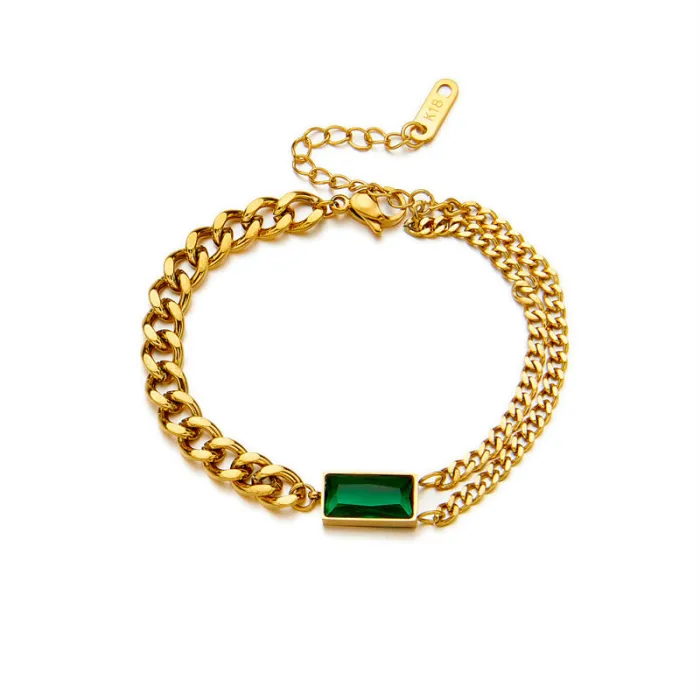 Green Rectangle Gem Jewelry Set – Gold-Plated Titanium Steel Necklace, Bracelet & Earrings with Zircon Chain Design | Minimalist Luxury | Wholesale