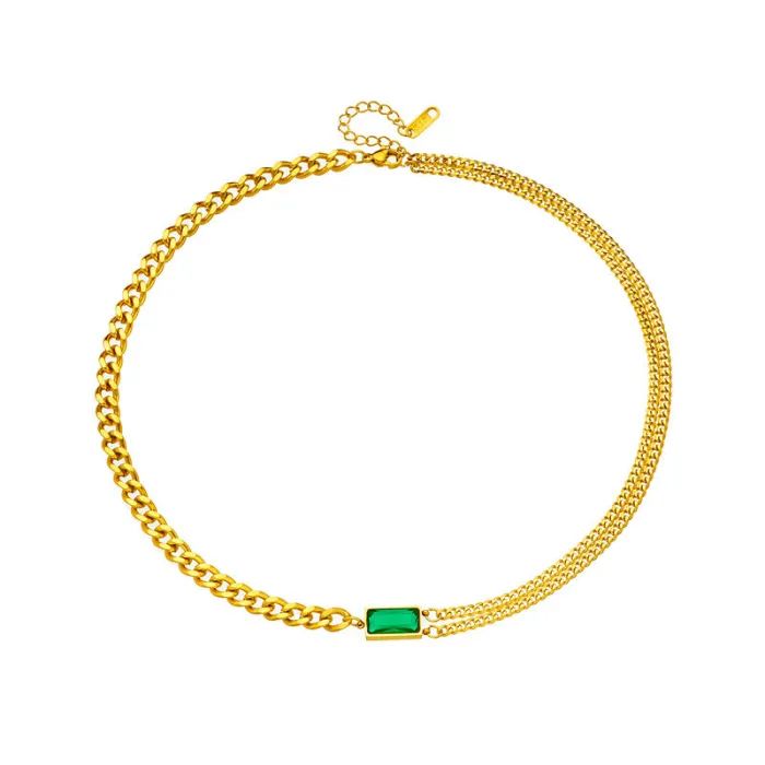 Green Rectangle Gem Jewelry Set – Gold-Plated Titanium Steel Necklace, Bracelet & Earrings with Zircon Chain Design | Minimalist Luxury | Wholesale