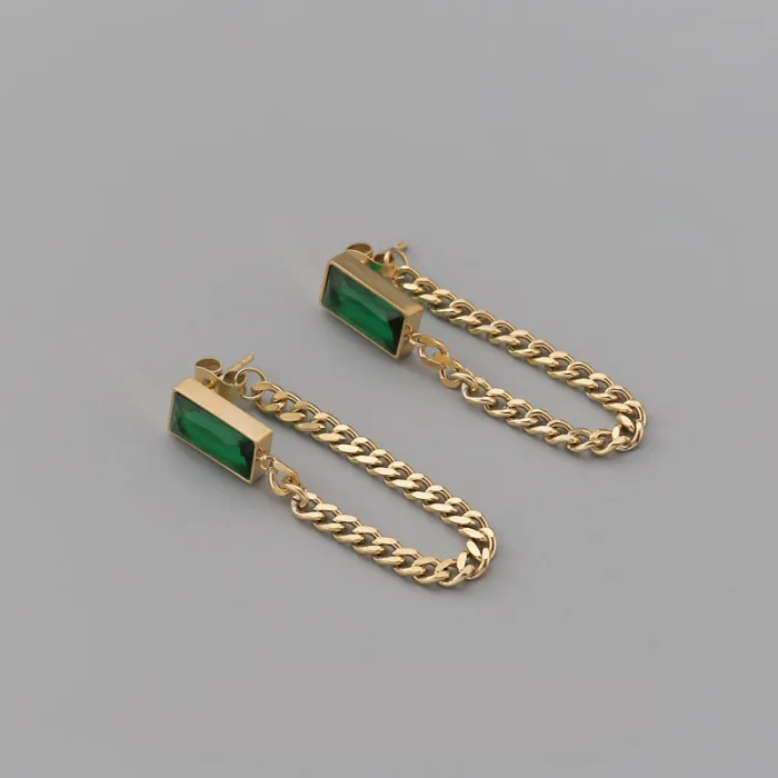 Green Rectangle Gem Jewelry Set – Gold-Plated Titanium Steel Necklace, Bracelet & Earrings with Zircon Chain Design | Minimalist Luxury | Wholesale