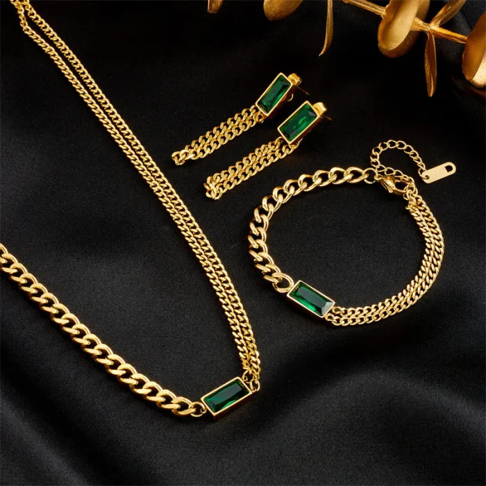 Green Rectangle Gem Jewelry Set – Gold-Plated Titanium Steel Necklace, Bracelet & Earrings with Zircon Chain Design | Minimalist Luxury | Wholesale