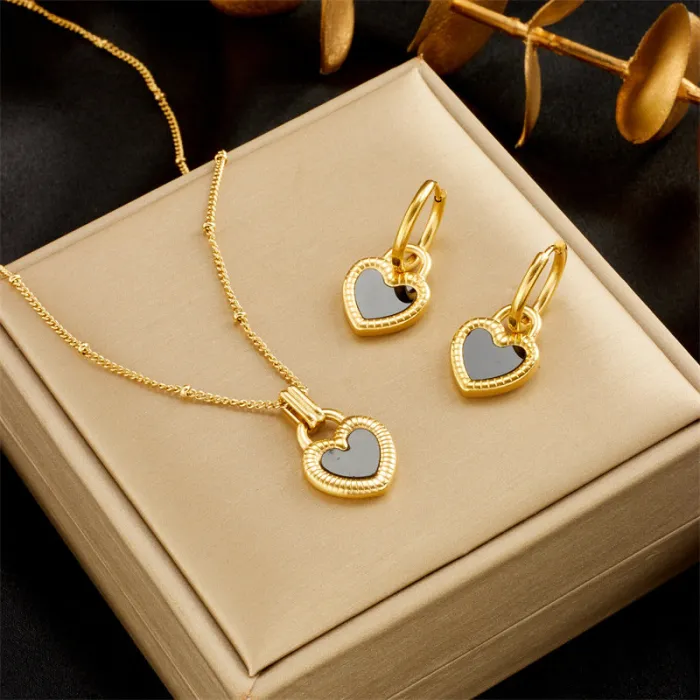 Minimalist Heart Pendant Jewelry Set – Stainless Steel Dangle Earrings & Clavicle Chain Necklace for Women | Cute Romantic Style | Wholesale