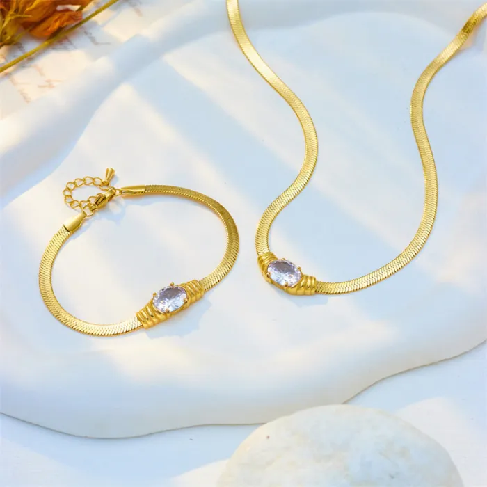 Faceted Rhinestone Snake Chain Jewelry Set – Gold-Tone Stainless Steel Bracelet & Necklace in Vintage Minimalist Style | Wholesale Accessories