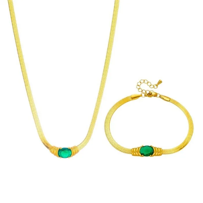 Faceted Rhinestone Snake Chain Jewelry Set – Gold-Tone Stainless Steel Bracelet & Necklace in Vintage Minimalist Style | Wholesale Accessories
