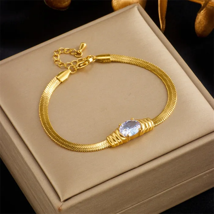 Faceted Rhinestone Snake Chain Jewelry Set – Gold-Tone Stainless Steel Bracelet & Necklace in Vintage Minimalist Style | Wholesale Accessories