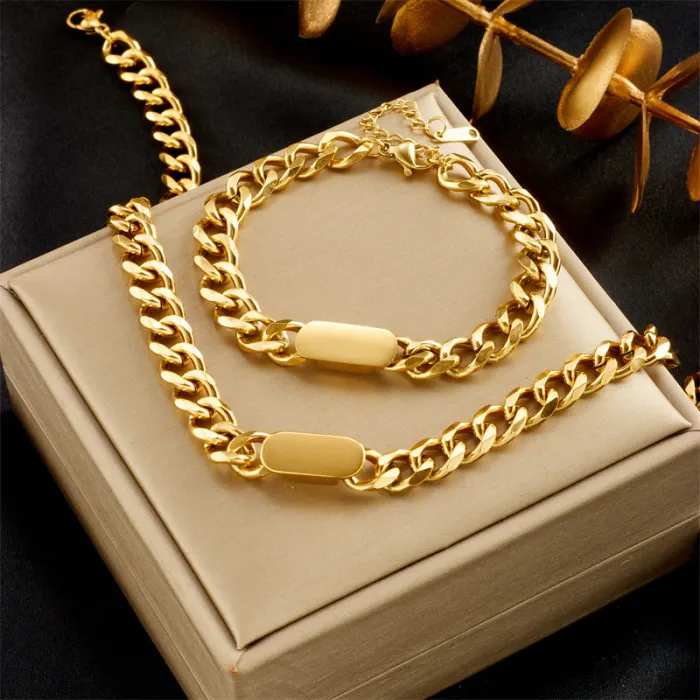 Gold Chunky Chain Jewelry Set – Unisex Hip Hop Titanium Steel Necklace & Bracelet for Men and Women | Minimalist Statement Style | Wholesale
