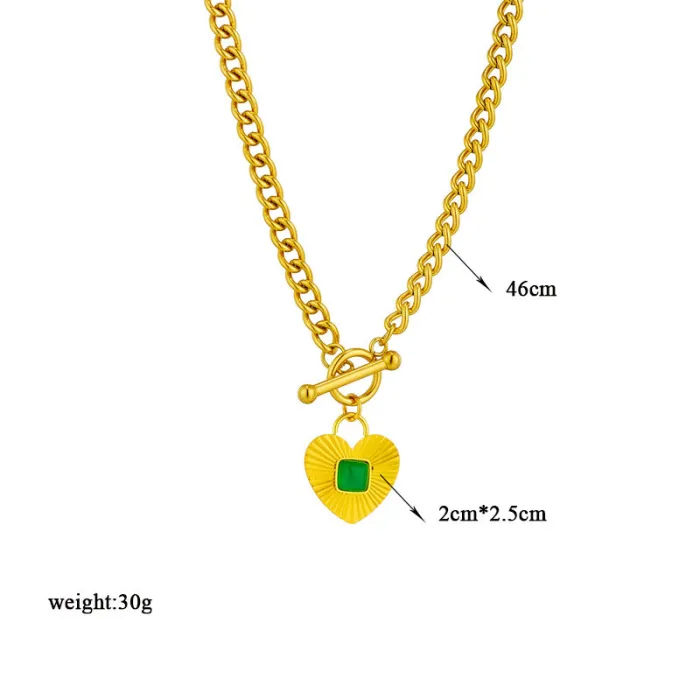 Emerald Green Zircon Pendant Jewelry Set – French Vintage Gold Stainless Steel Necklace & Earrings for Women | Elegant Gift Style | Wholesale