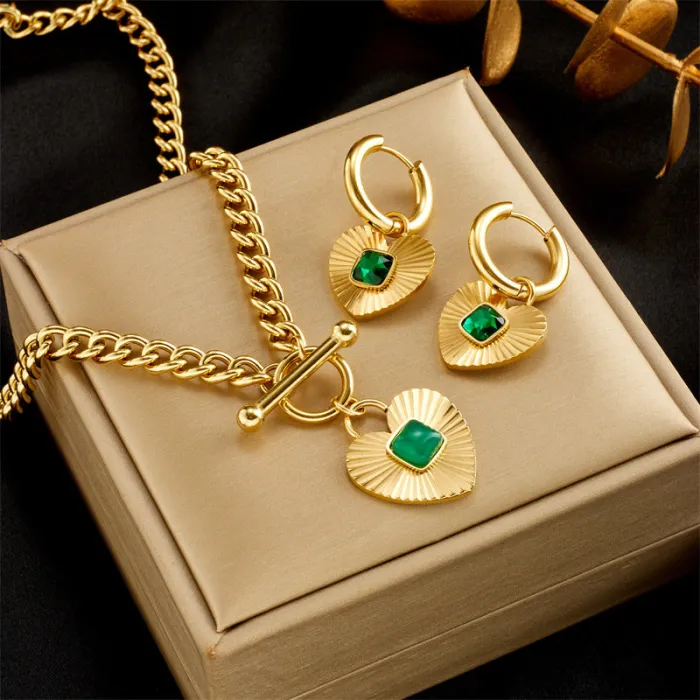 Emerald Green Zircon Pendant Jewelry Set – French Vintage Gold Stainless Steel Necklace & Earrings for Women | Elegant Gift Style | Wholesale