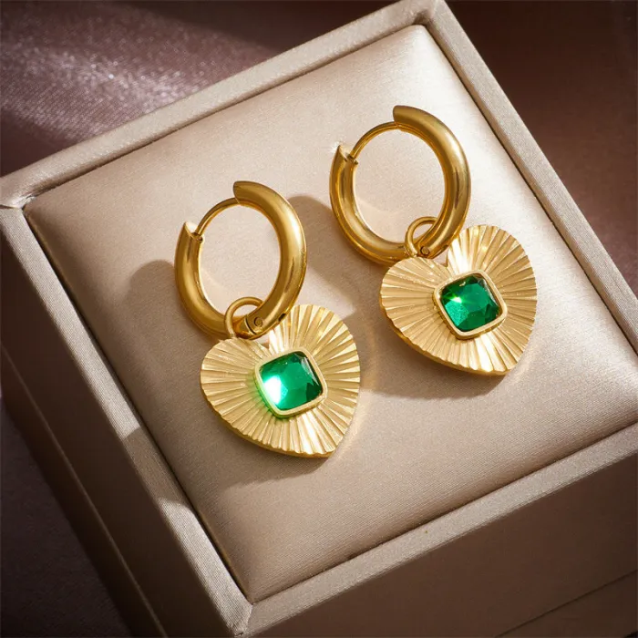 Emerald Green Zircon Pendant Jewelry Set – French Vintage Gold Stainless Steel Necklace & Earrings for Women | Elegant Gift Style | Wholesale