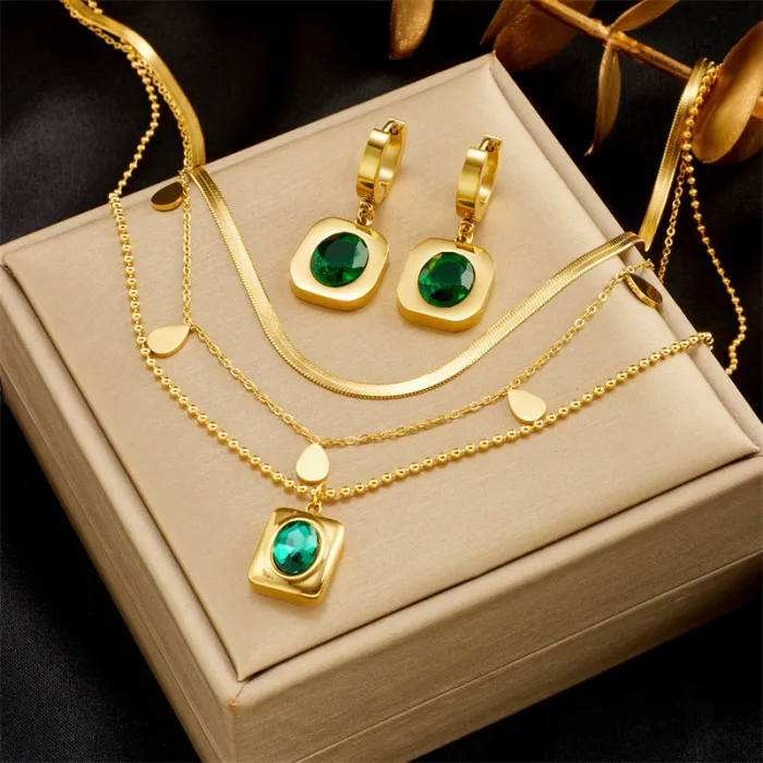 Emerald Green Zircon Jewelry Set – Vintage Gold Titanium Steel Necklace & Earrings for Women | Elegant Minimalist Design | Wholesale