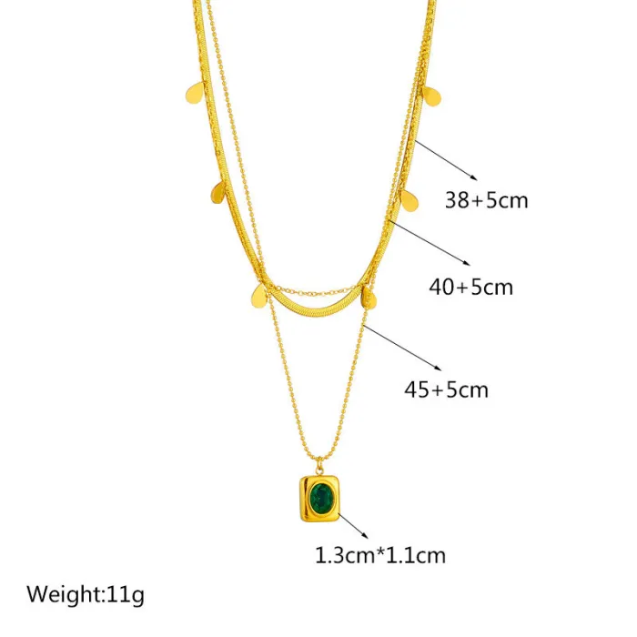 Emerald Green Zircon Jewelry Set – Vintage Gold Titanium Steel Necklace & Earrings for Women | Elegant Minimalist Design | Wholesale