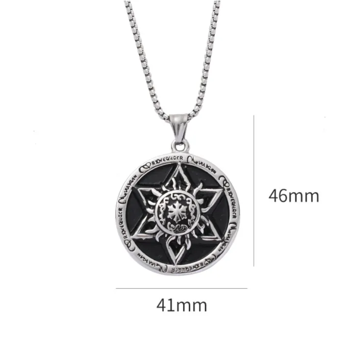 Hexagram Pendant Necklace – Retro Round Tag Stainless Steel Necklace for Men | Hip-Hop Street Style | Trendy Jewelry