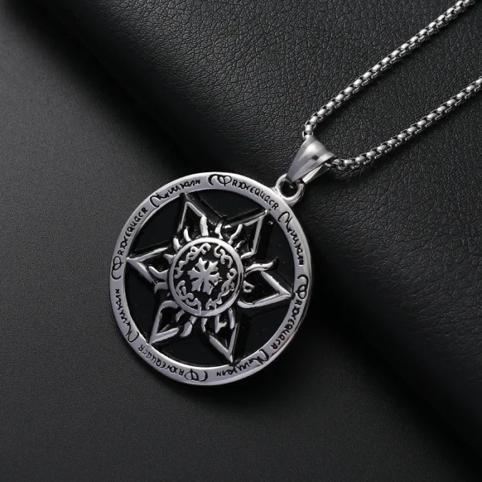 Hexagram Pendant Necklace – Retro Round Tag Stainless Steel Necklace for Men | Hip-Hop Street Style | Trendy Jewelry