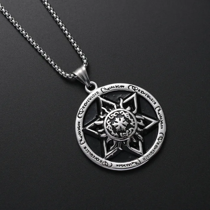 Hexagram Pendant Necklace – Retro Round Tag Stainless Steel Necklace for Men | Hip-Hop Street Style | Trendy Jewelry