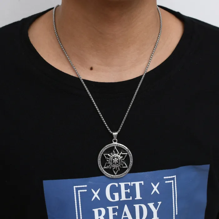 Hexagram Pendant Necklace – Retro Round Tag Stainless Steel Necklace for Men | Hip-Hop Street Style | Trendy Jewelry