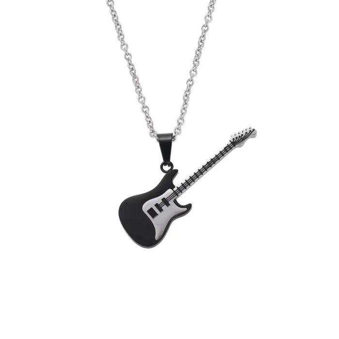 Guitar Pendant Necklace – Stainless Steel Street Style Jewelry for Men | Hip Hop Student Accessory