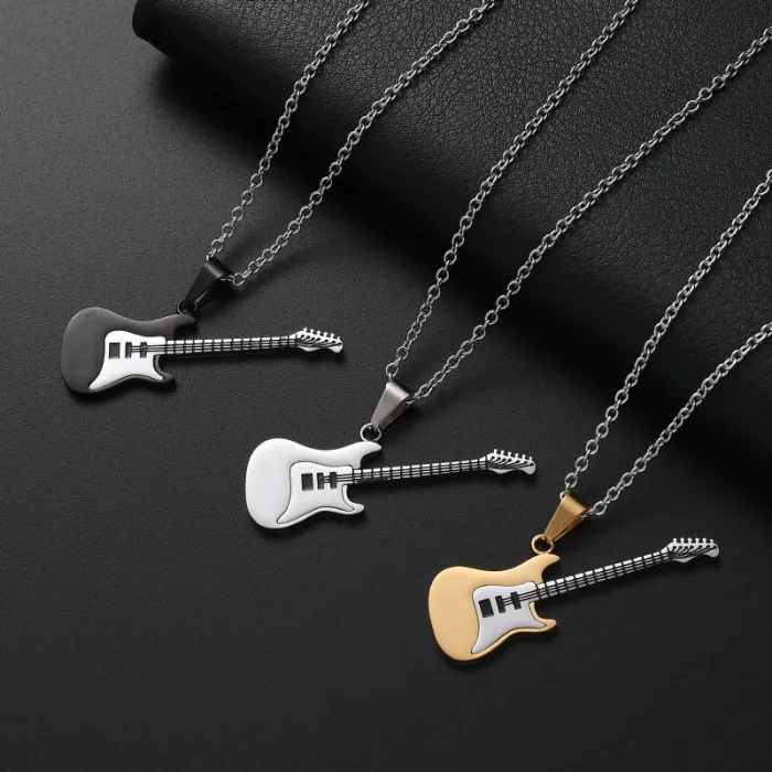 Guitar Pendant Necklace – Stainless Steel Street Style Jewelry for Men | Hip Hop Student Accessory
