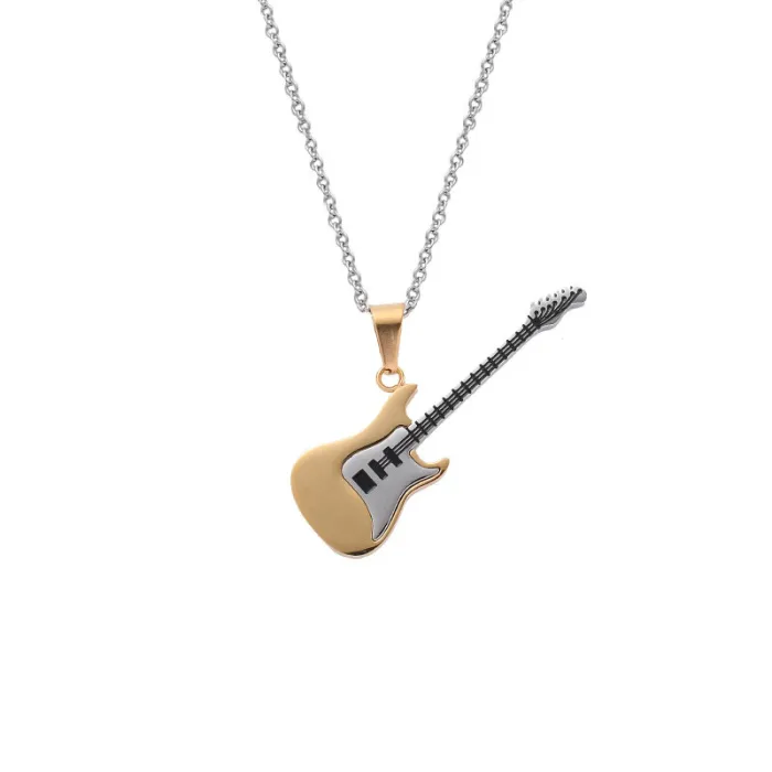 Guitar Pendant Necklace – Stainless Steel Street Style Jewelry for Men | Hip Hop Student Accessory