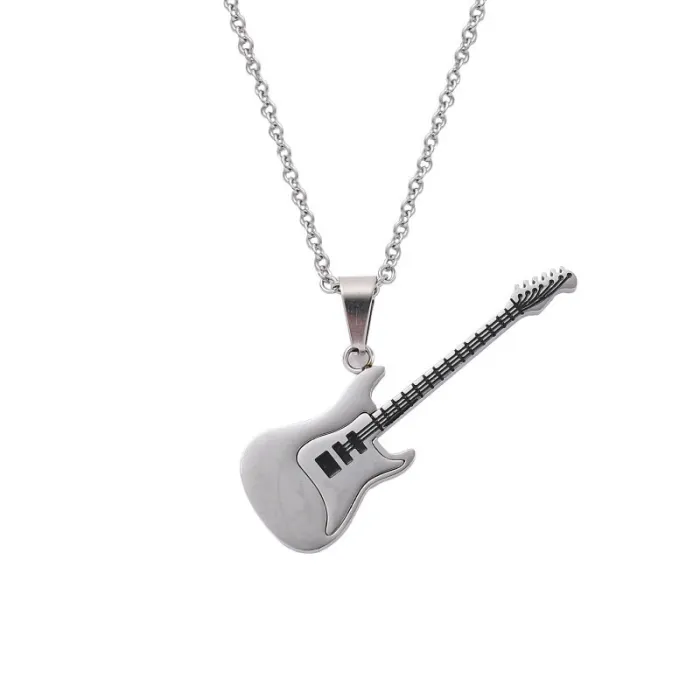 Guitar Pendant Necklace – Stainless Steel Street Style Jewelry for Men | Hip Hop Student Accessory