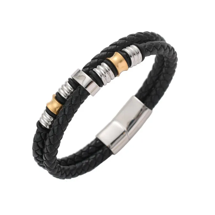 Fashion Stainless Steel Leather Bracelet for Men – Double-Layer Braided Design with Magnetic Clasp | Durable Wristband | Wholesale