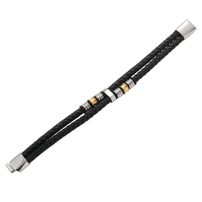 Fashion Stainless Steel Leather Bracelet for Men – Double-Layer Braided Design with Magnetic Clasp | Durable Wristband | Wholesale