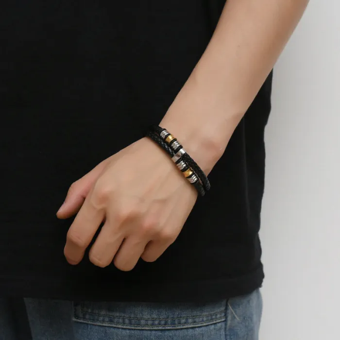 Fashion Stainless Steel Leather Bracelet for Men – Double-Layer Braided Design with Magnetic Clasp | Durable Wristband | Wholesale