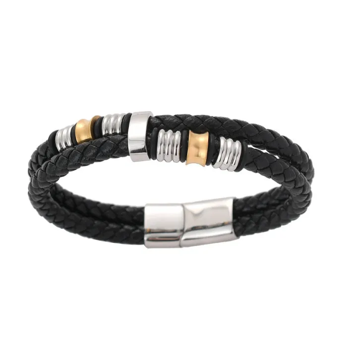 Fashion Stainless Steel Leather Bracelet for Men – Double-Layer Braided Design with Magnetic Clasp | Durable Wristband | Wholesale