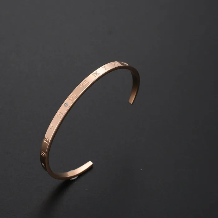 Minimalist C-Shaped Stainless Steel Bangle – Rose Gold Roman Numeral Open Bracelet | Ins Style Jewelry for Women | Wholesale